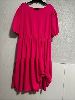 Hot Pink Tiered Puff-Sleeve Dress 2X